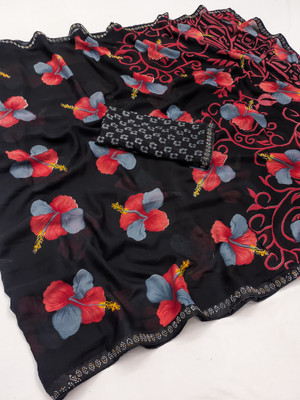 kashvi sarees Floral Print Bollywood Georgette, Lace Saree(Black)