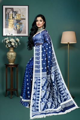 AKfasionN Embellished Handloom Cotton Linen Saree(Blue)