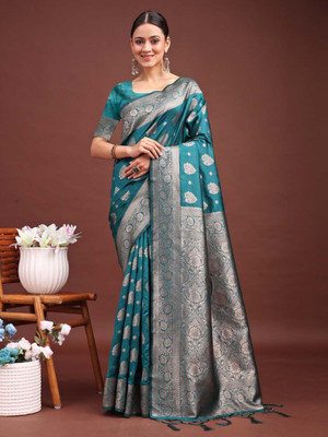 HouseOfCommon Woven Banarasi Cotton Silk Saree(Green)