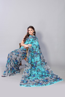 YASHIKA Floral Print Bollywood Georgette Saree(Light Blue)