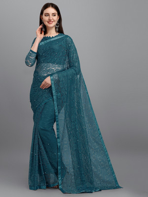 HouseOfCommon Embellished Lucknow Chikankari Net Saree(Blue)