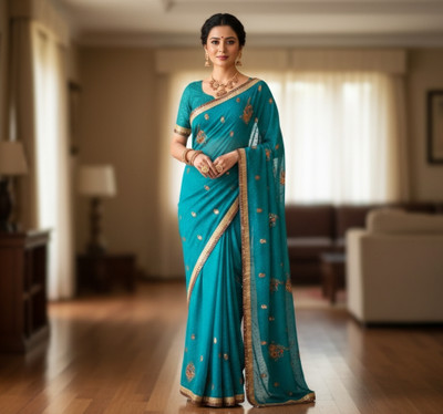 Jay candy Silk Embroidered, Printed Bollywood Georgette Saree(Blue)