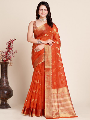 JIADIA Woven Kota Doria Cotton Silk Saree(Orange)