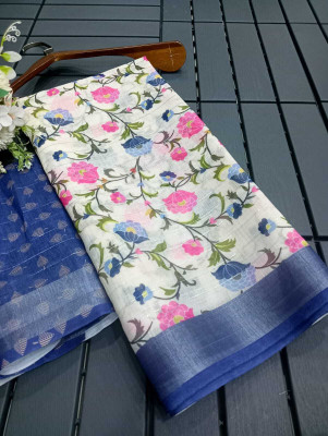 HouseOfCommon Printed Kanjivaram Linen, Cotton Linen Saree(Dark Blue, White)