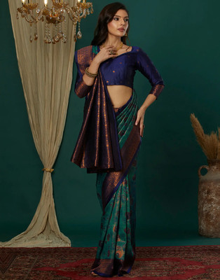 VASTUKALA Woven Kanjivaram Pure Silk, Art Silk Saree(Dark Blue)