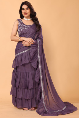 DWINIZAA STORE Embroidered Pre Draped Saree Georgette Saree(Purple)