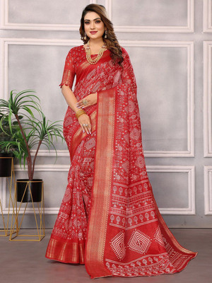 Moda Rapido Printed Bandhani Cotton Blend Saree(Red)