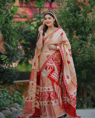 Ramani brothers Woven Mekhela Chador Pure Silk Saree(Cream)