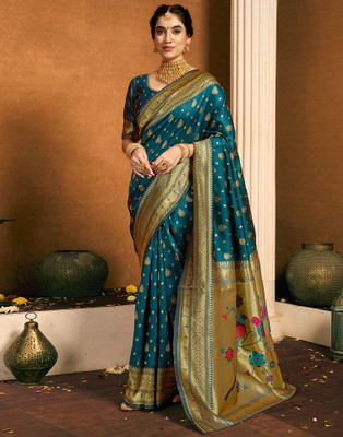 Samah Woven, Embellished Paithani Silk Blend, Jacquard Saree(Blue)