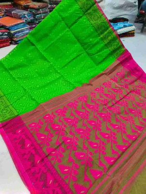 KISHORI PUNJABI MAHAL Self Design Jamdani Cotton Blend Saree(Green, Pink)