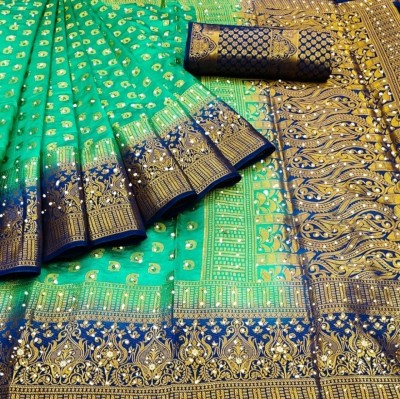 Banaras silk palace Self Design Banarasi Cotton Silk Saree(Dark Green)