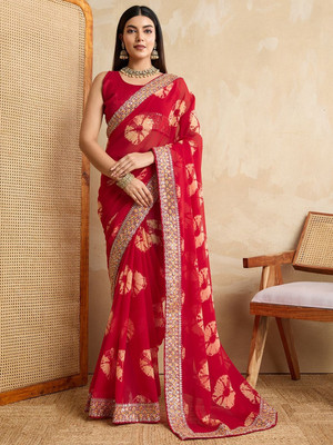 Fancy Tie-Dye, Embellished, Woven Bandhani Georgette Saree(Red)