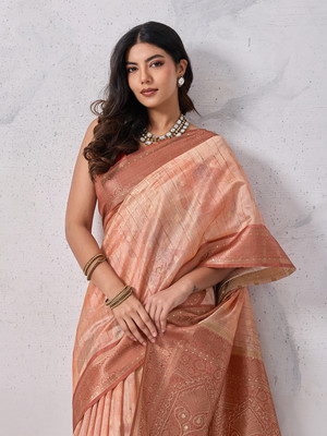 Tasrika Embellished, Geometric Print, Printed, Woven Banarasi Tussar Silk Saree(Pink)