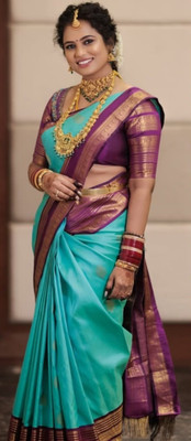 renu Self Design Saree with Attached Blouse Silk Blend Saree(Light Green)