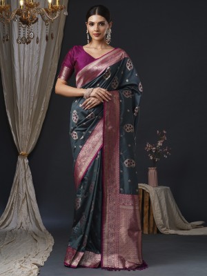 Sareemall Woven Banarasi Silk Blend Saree(Grey)