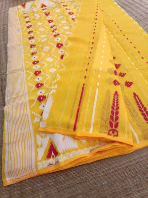 Dristikone Woven Jamdani Pure Cotton Saree(Yellow)