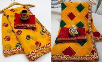 Tejassarees Embellished Bollywood Georgette Saree(Yellow, Red)