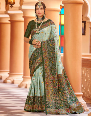 Satrani Printed, Embellished Patola Art Silk Saree(Green, Multicolor)