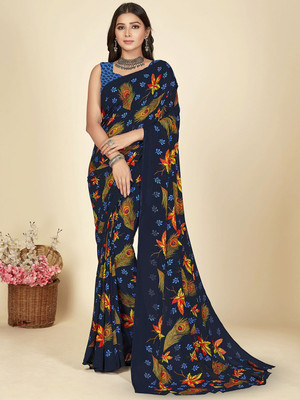 Moda Rapido Printed Daily Wear Georgette Saree(Dark Blue)