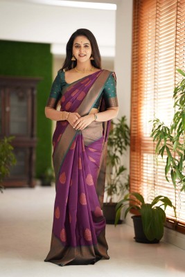 Sassy Hues Woven Kanjivaram Cotton Silk, Art Silk Saree(Purple)