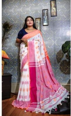 LDma Embroidered, Solid/Plain Handloom Pure Cotton Saree(White, Orange, Pink)