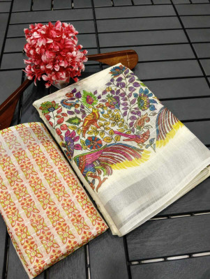 HangerStories Woven Kanjivaram Pure Cotton, Cotton Linen Saree(Cream)