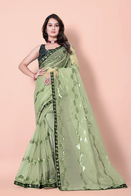 SROLY Embroidered Bollywood Net Saree(Light Green)