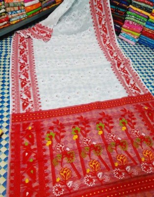 OWALID Self Design Jamdani Cotton Silk Saree(White, Red)