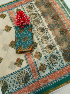 kesarsilkmills Printed, Floral Print Kanjivaram Pure Cotton, Cotton Linen Saree(Cream)