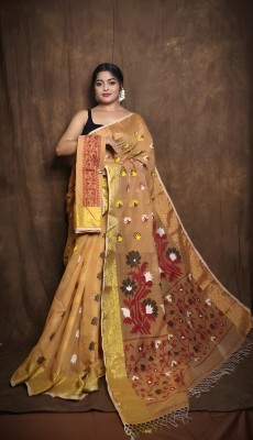 Rnn Embroidered Jamdani Cotton Silk Saree(Brown)