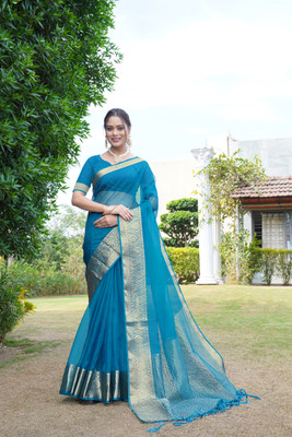 KOTHARI SBT Solid/Plain Bandhani Organza Saree(Blue)