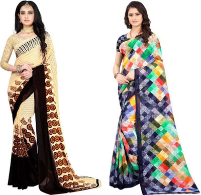 Leelavati Printed Daily Wear Georgette Saree(Pack of 2, Grey, Cream)