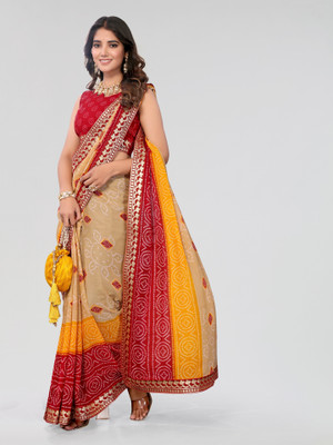 Nirvaan Digital Print Bandhani Georgette, Lace Saree(Maroon)