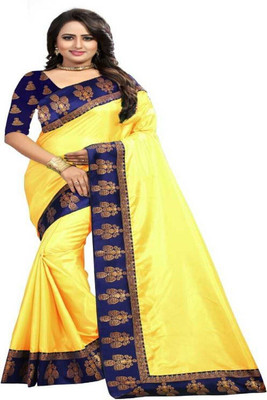 ROOP SUNDARI SAREES Dyed, Solid/Plain Chanderi Cotton Blend Saree(Yellow)