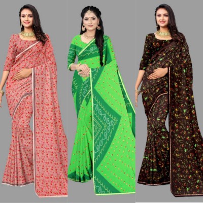 YaminiCreation Printed Bollywood Polyester Saree(Pack of 3, Red, Green, Black)