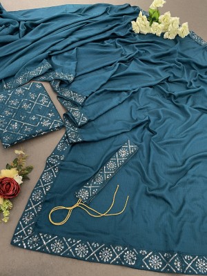 Pionex Solid/Plain, Embroidered Bollywood Chiffon, Silk Blend Saree(Pack of 2, Light Blue)