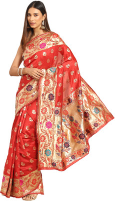 Akhilam Embroidered Banarasi Silk Blend Saree(Red)