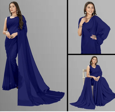 sadi Solid/Plain Bollywood Georgette Saree(Dark Blue)