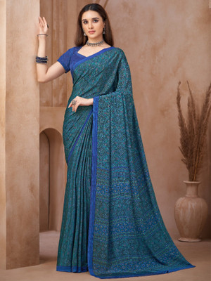Divastri Floral Print, Geometric Print, Digital Print, Printed Bollywood Crepe Saree(Blue)