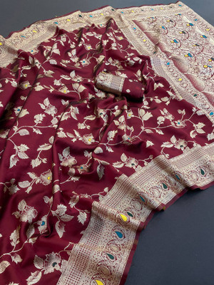 GATISHVAM TEXTILE Woven, Floral Print, Self Design Banarasi Art Silk Saree(Maroon)