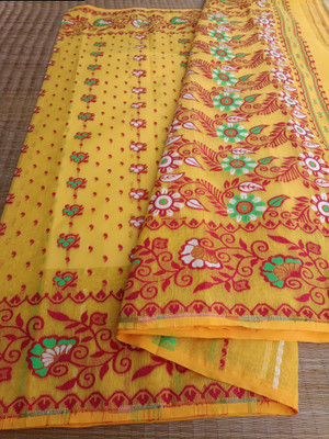 KhayaFashion Woven Tant Pure Cotton Saree(Yellow)