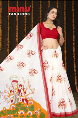 Minu Fashion Printed Handloom Cotton Blend Saree(Red, White)