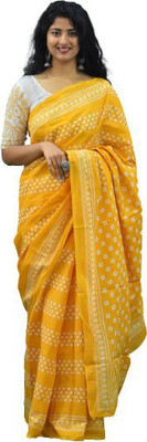 Tropwear Printed, Self Design, Digital Print, Hand Painted, Blocked Printed Ikkat Pure Cotton Saree(Yellow)