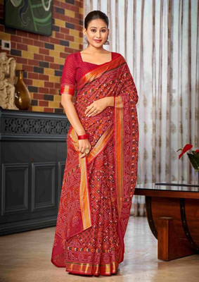 HouseOfCommon Printed Patola Cotton Blend Saree(Red)
