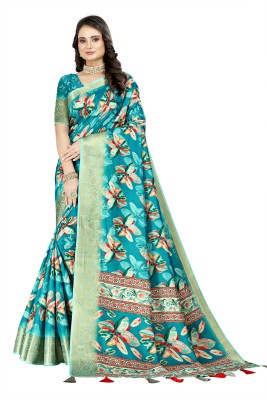 J6 Designers Embellished, Printed, Floral Print Bollywood Cotton Silk Saree(Blue)