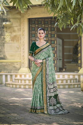 Igel Printed Daily Wear Pure Cotton Saree(Green)