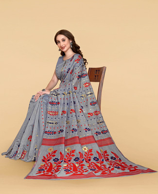 worvox Floral Print Jamdani Cotton Linen Saree(Grey)