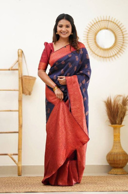 Flosive Striped Banarasi Pure Silk Saree(Blue)