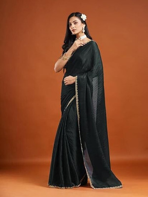SHETH SHYAMALYO Solid/Plain Bollywood Jimmy choo Saree(Black)