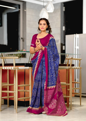 ARSH ENTERPRISE Printed Bandhani Pure Cotton Saree(Blue)